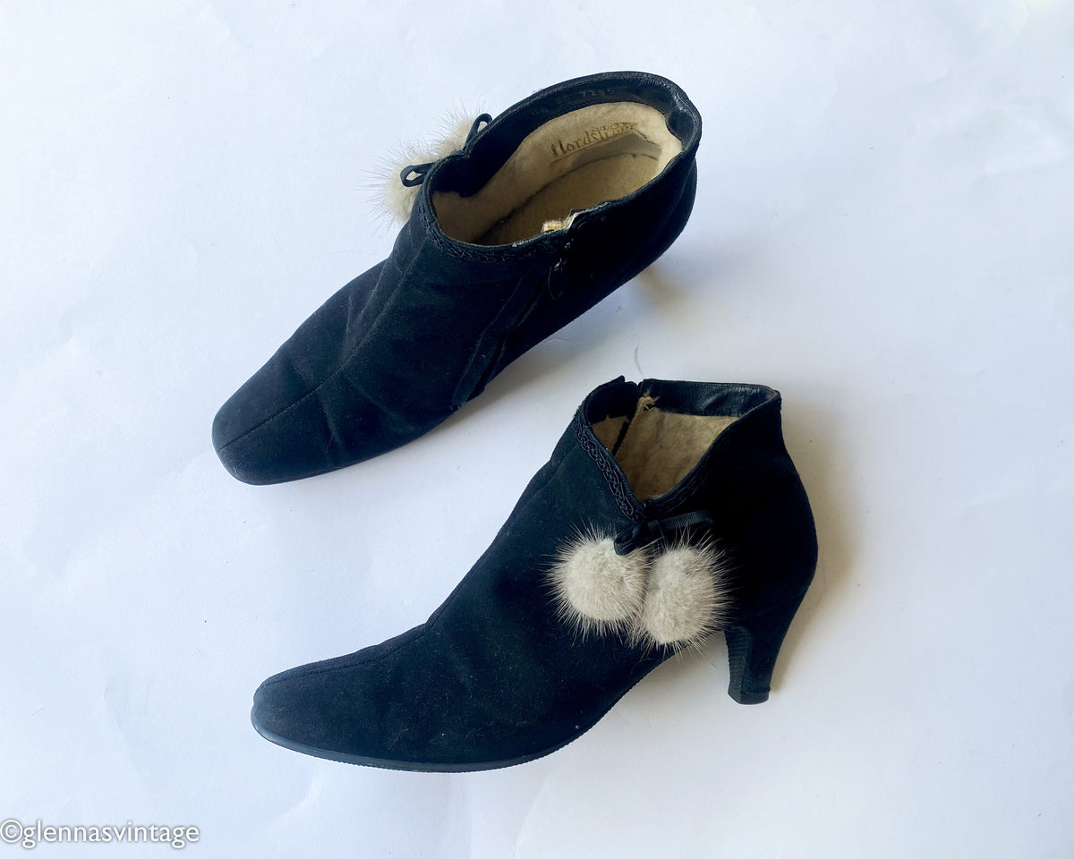 1950s Black Suede Booties with Mink Fur Pom Poms, Size 6