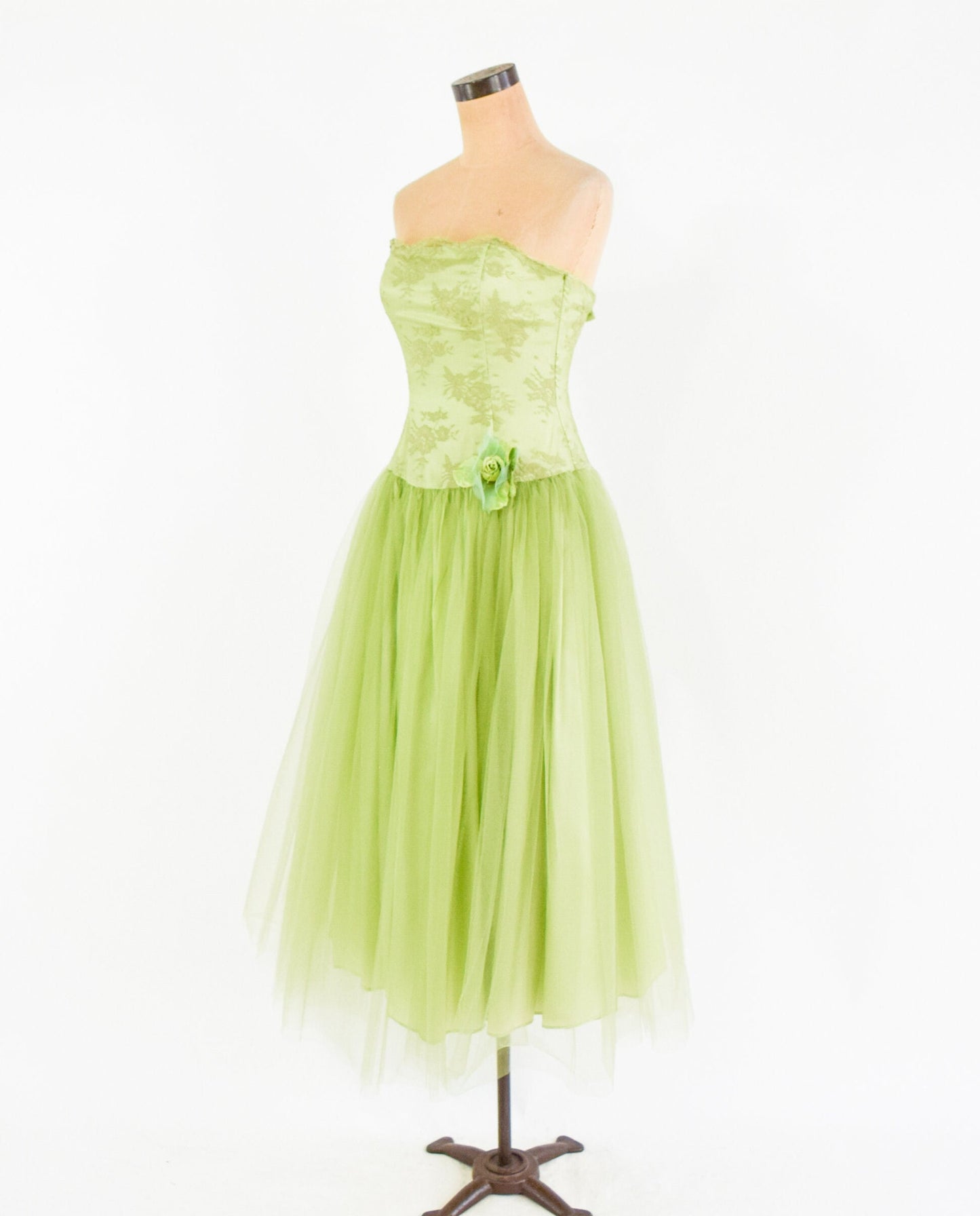 1990s Lime Green Party Dress | 90s Green Lace & Tulle Prom Dress | Green Strapless Evening Dress | Jessica McClintock | Small