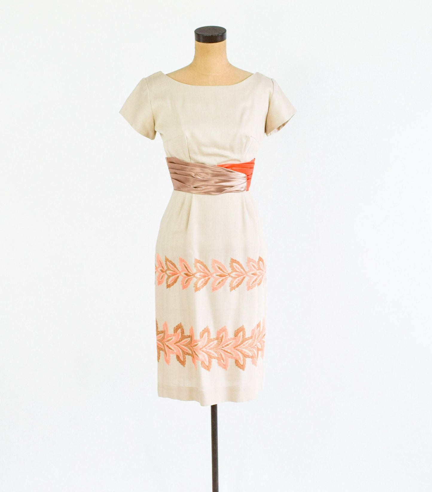 1950s Beige Floral Embroidered Dress | Taupe Sheath Dress, Small