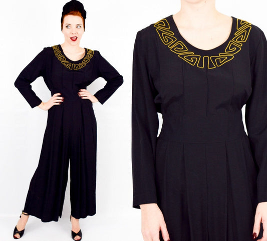1990s Black Rayon Jumpsuit, Medium