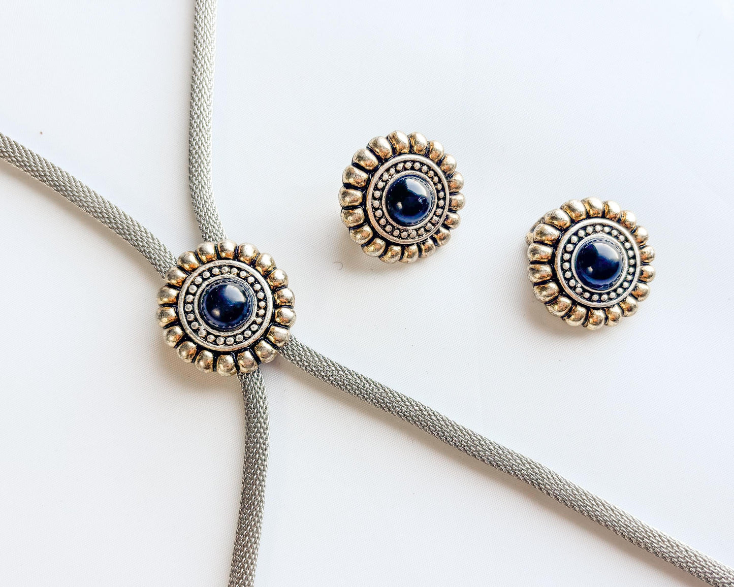 1980s Silver Bolo Tie Necklace & Earring | Silver Necklace Set