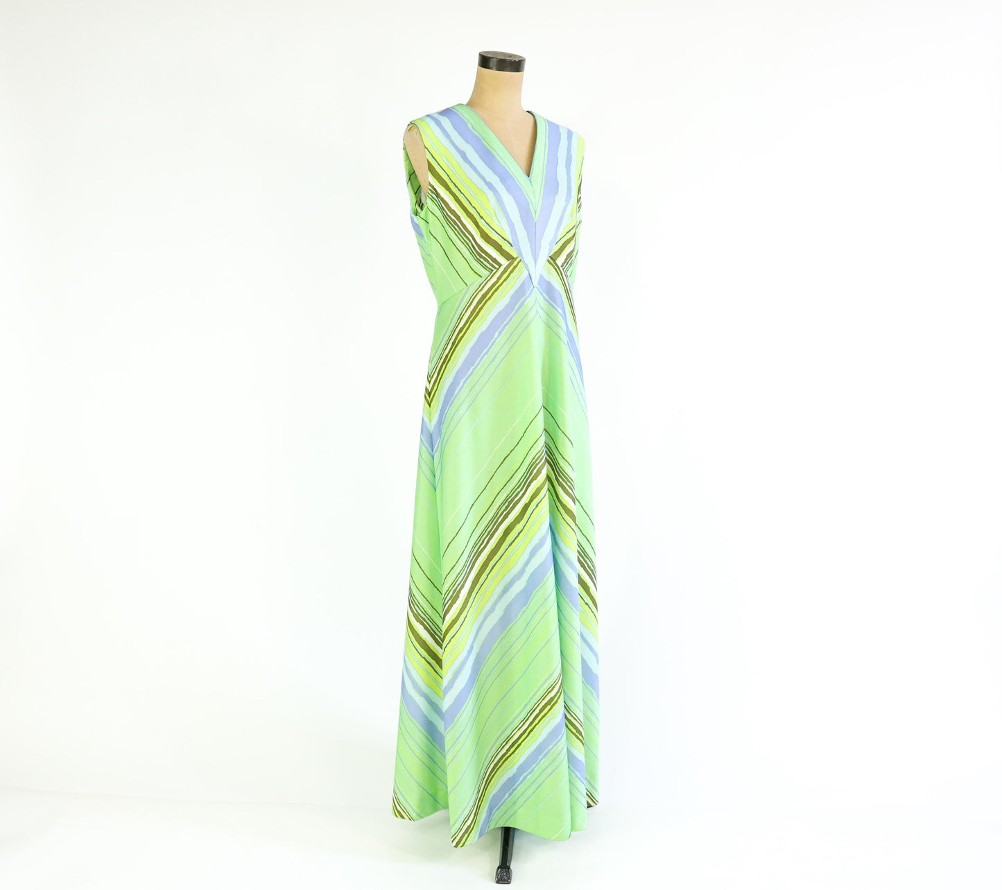 1970s Green & Blue Chevron Striped Maxi, 34" Waist