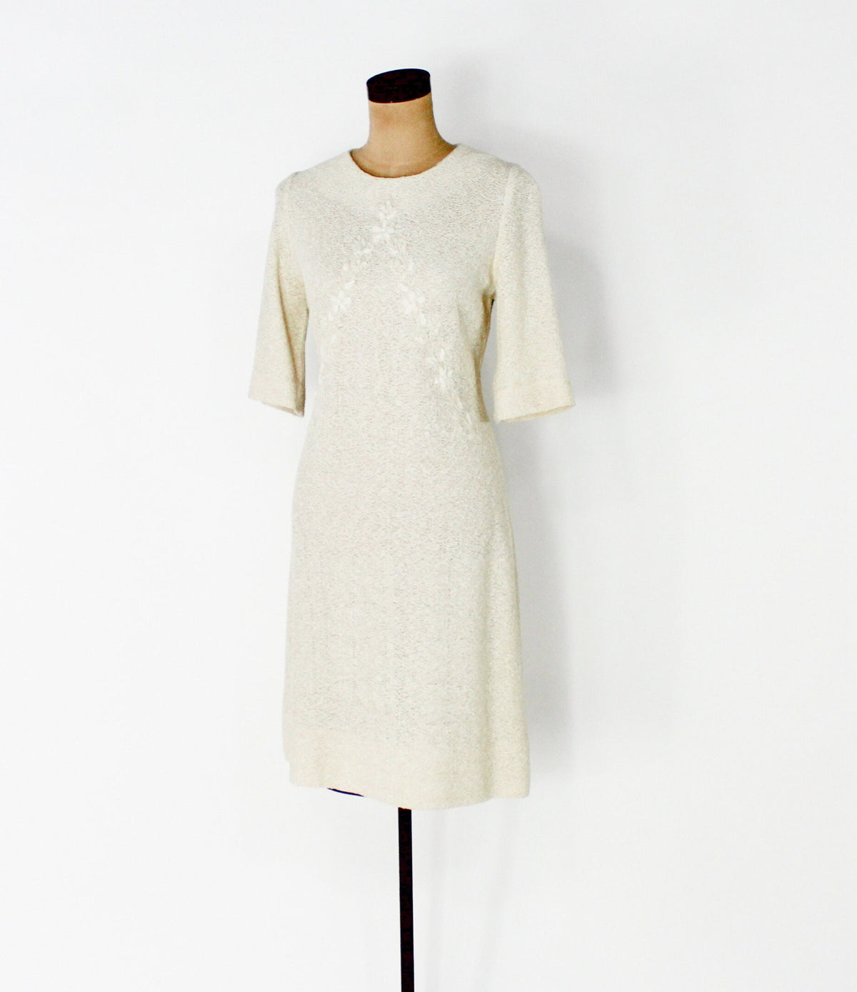 1960s Creme Knit Dress | Beige Nubby Knit Shift, Medium