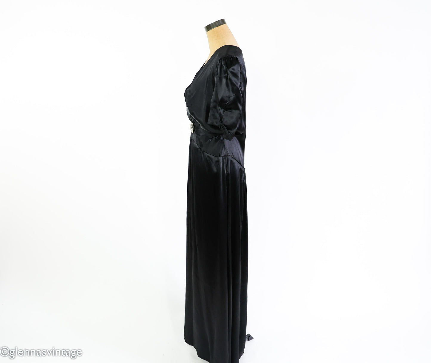 1930s Vintage Black Satin Evening Gown, Rhinestone Belt, Extra Large