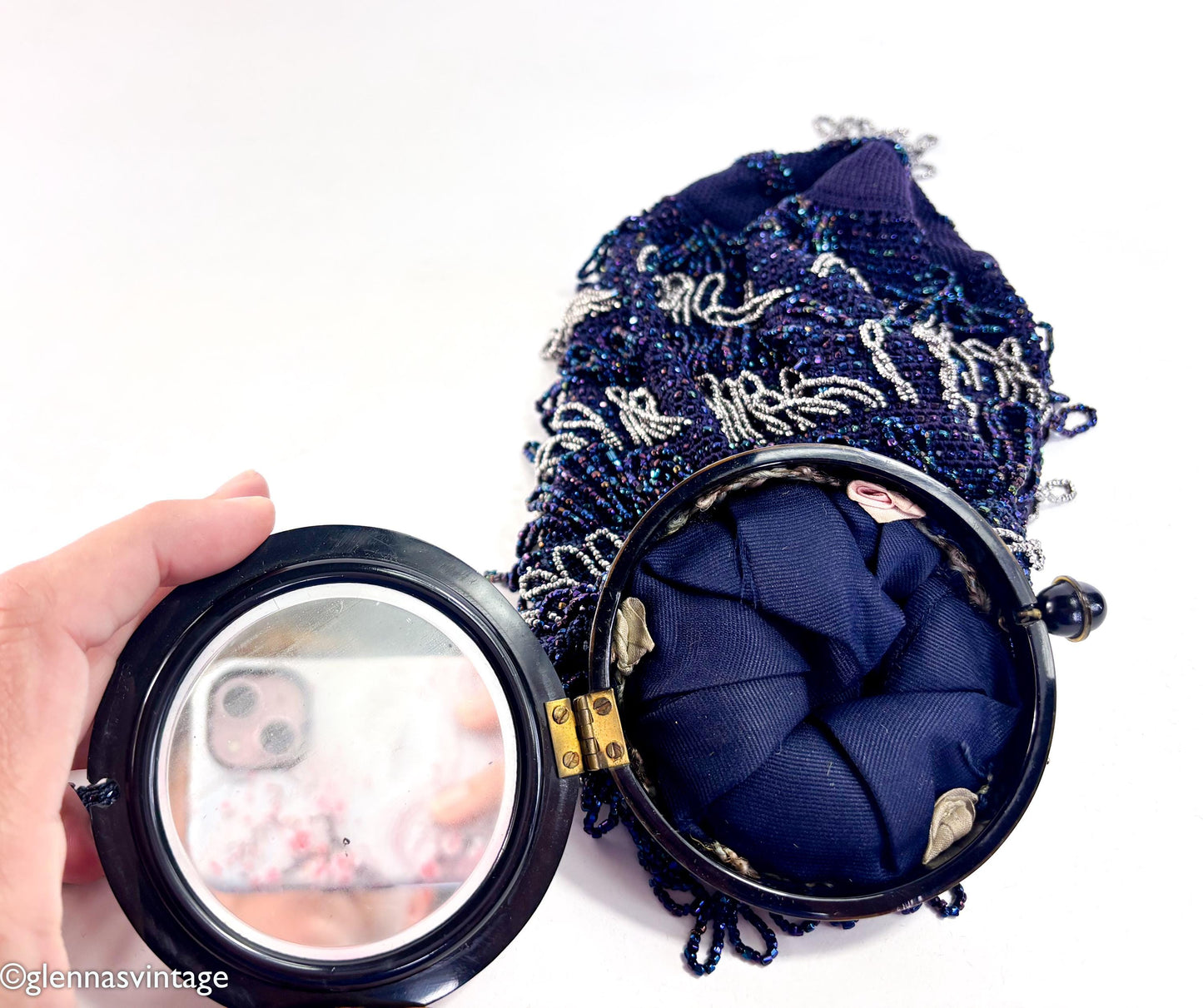1900s Navy Beaded Pouch Evening Bag with Lucite Lid