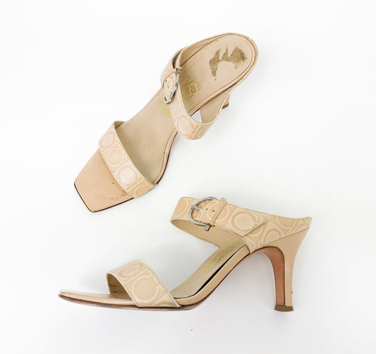 1980s Ferragamo Beige Leather Heels | Strappy Sandals US 8