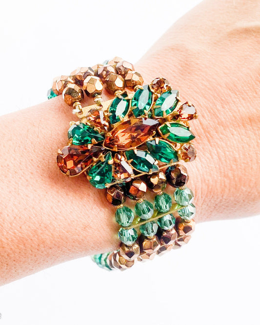 Eugene | 1950s Crystal & Rhinestone Bracelet | 50s Crystal Evening Bracelet | Green Bronze Crystal Bracelet | Eugene