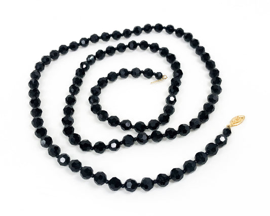 1950s Black Glass Necklace | 50s Black Faceted Glass Necklace | Black Glass Rope
