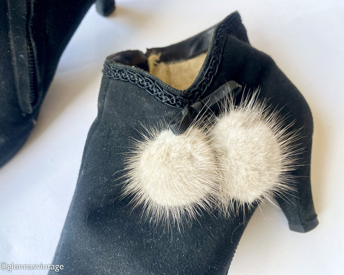 1950s Black Suede Booties with Mink Fur Pom Poms, Size 6