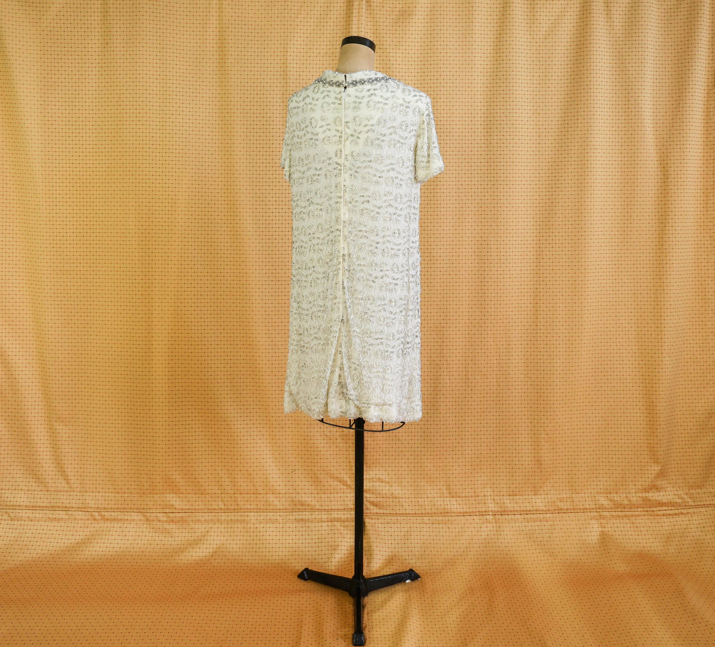 1960s White Silver Beaded Shift Dress, Short Wedding Dress, Extra Large