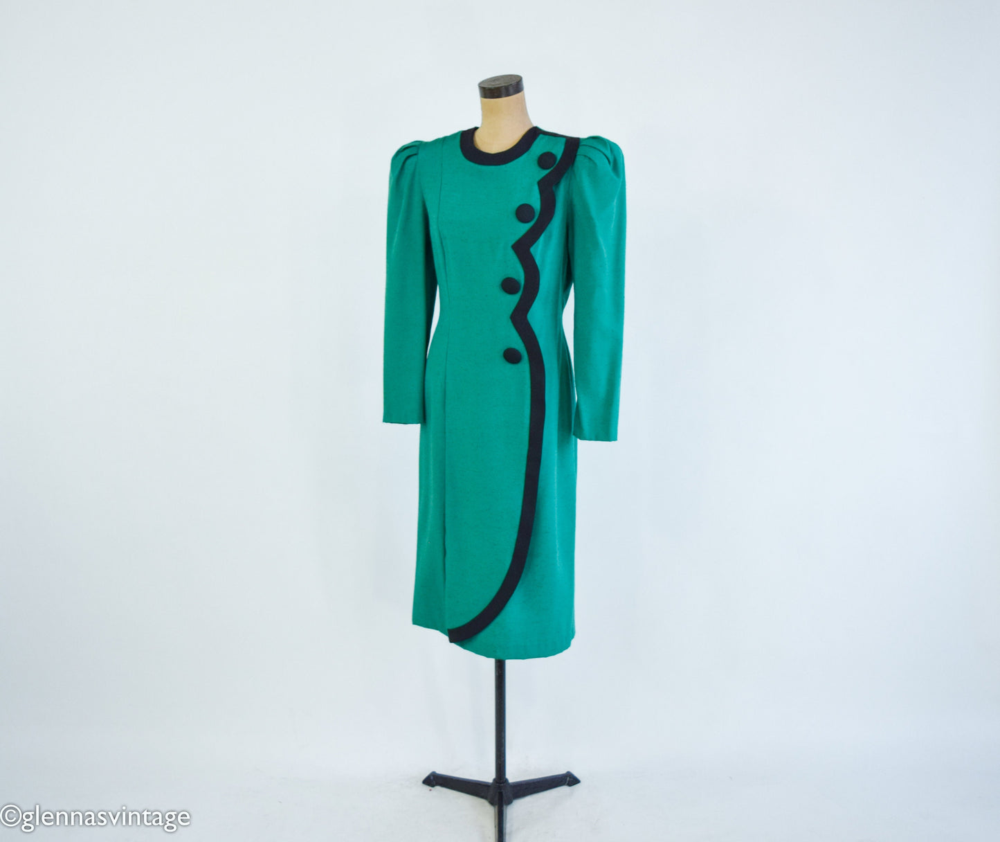 1980s Green Dress with Black Trim, Etoile Collection, Large