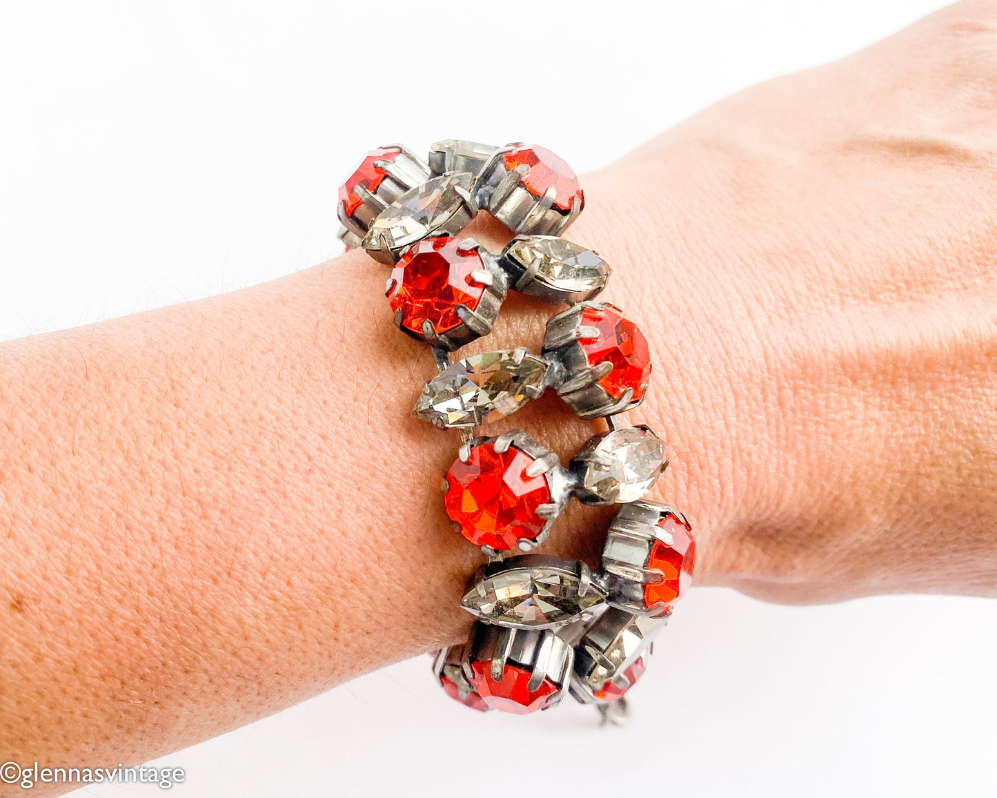1940s Orange Rhinestone Bracelet | 40s Orange Evening Bracelet | Orange & Smokey Gray Rhinestones Bracelet | Old Hollywood