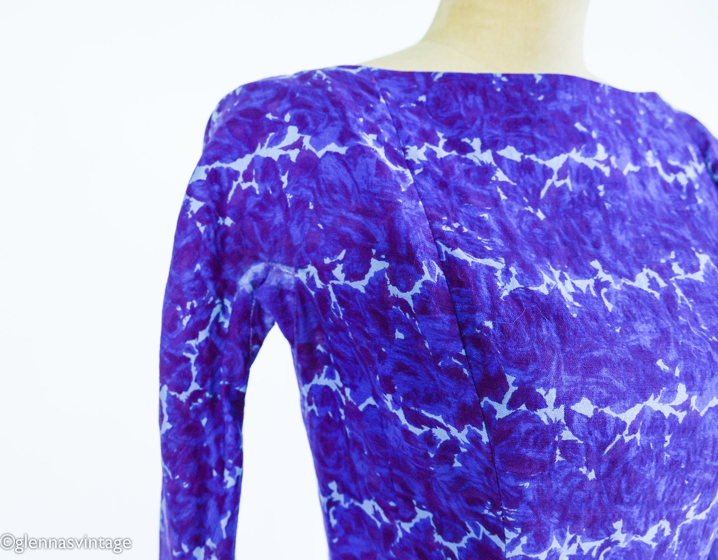 1950s Purple & Blue Print Wiggle Dress, Small