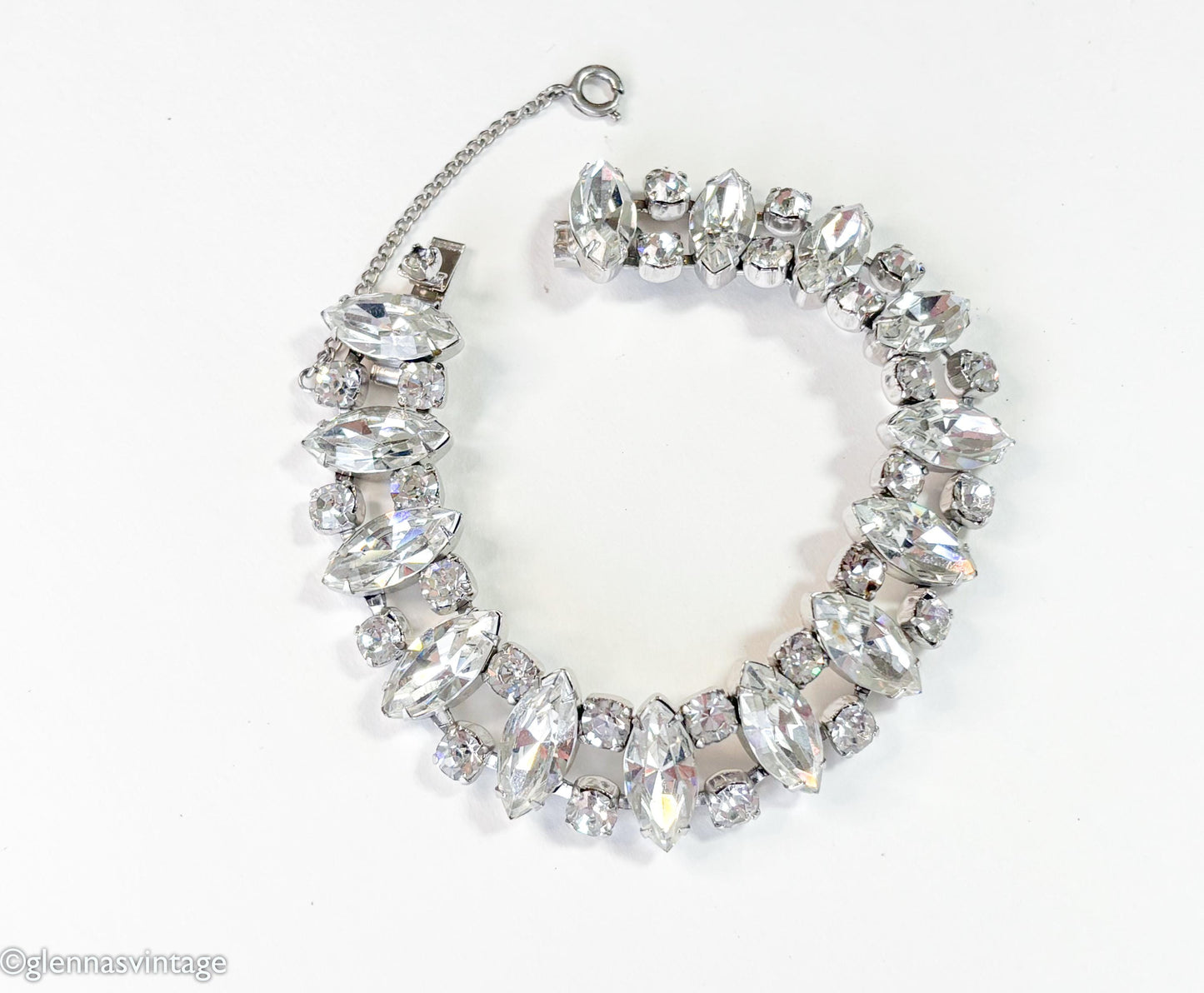 1960s Rhinestone & Silver Bracelet with Navette Crystals