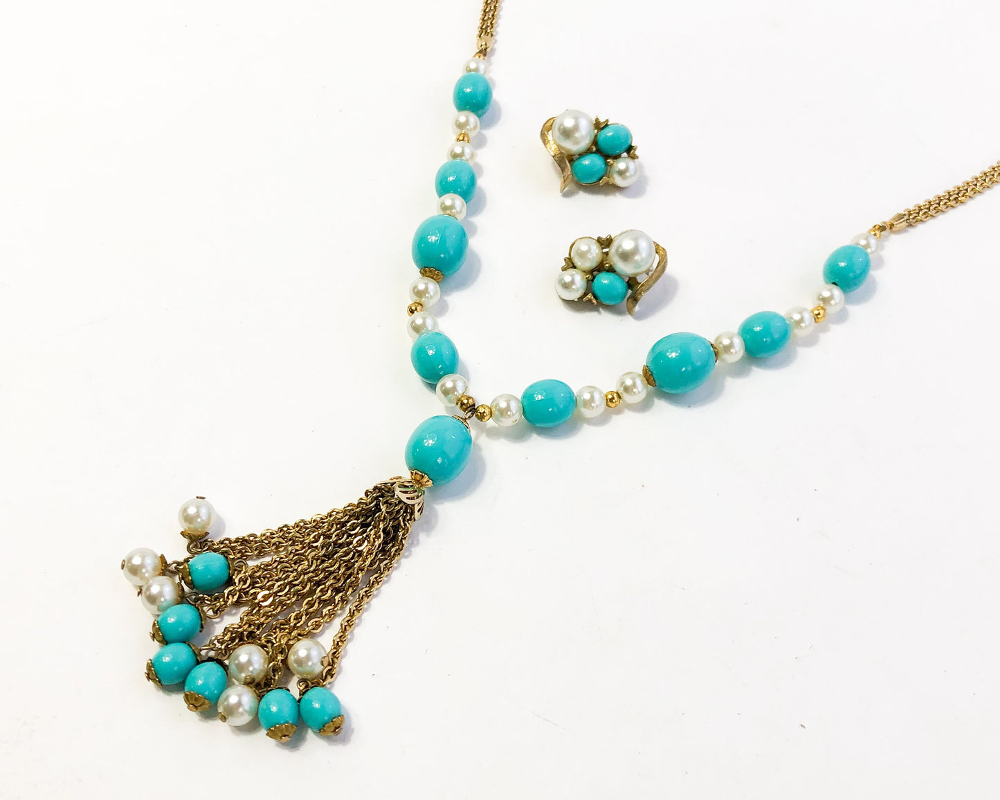 1960s Turquoise and Faux Pearl Necklace Set | Gold Pendant and Clip Earrings