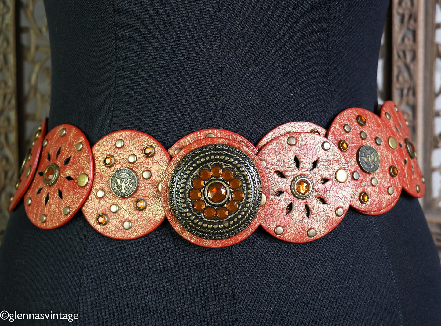 1970s Red & Brown Circles Studded Leather Belt