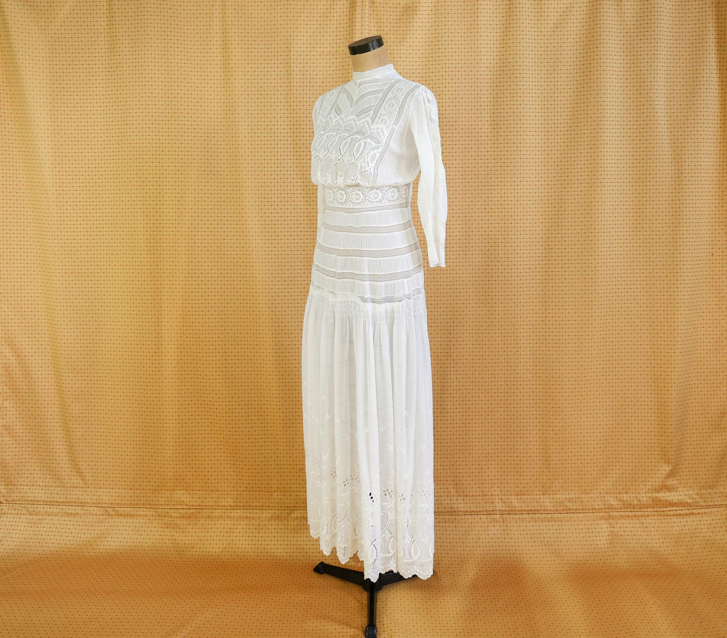 1880s Edwardian Lace Cotton Gown, Antique Walking Dress, Small