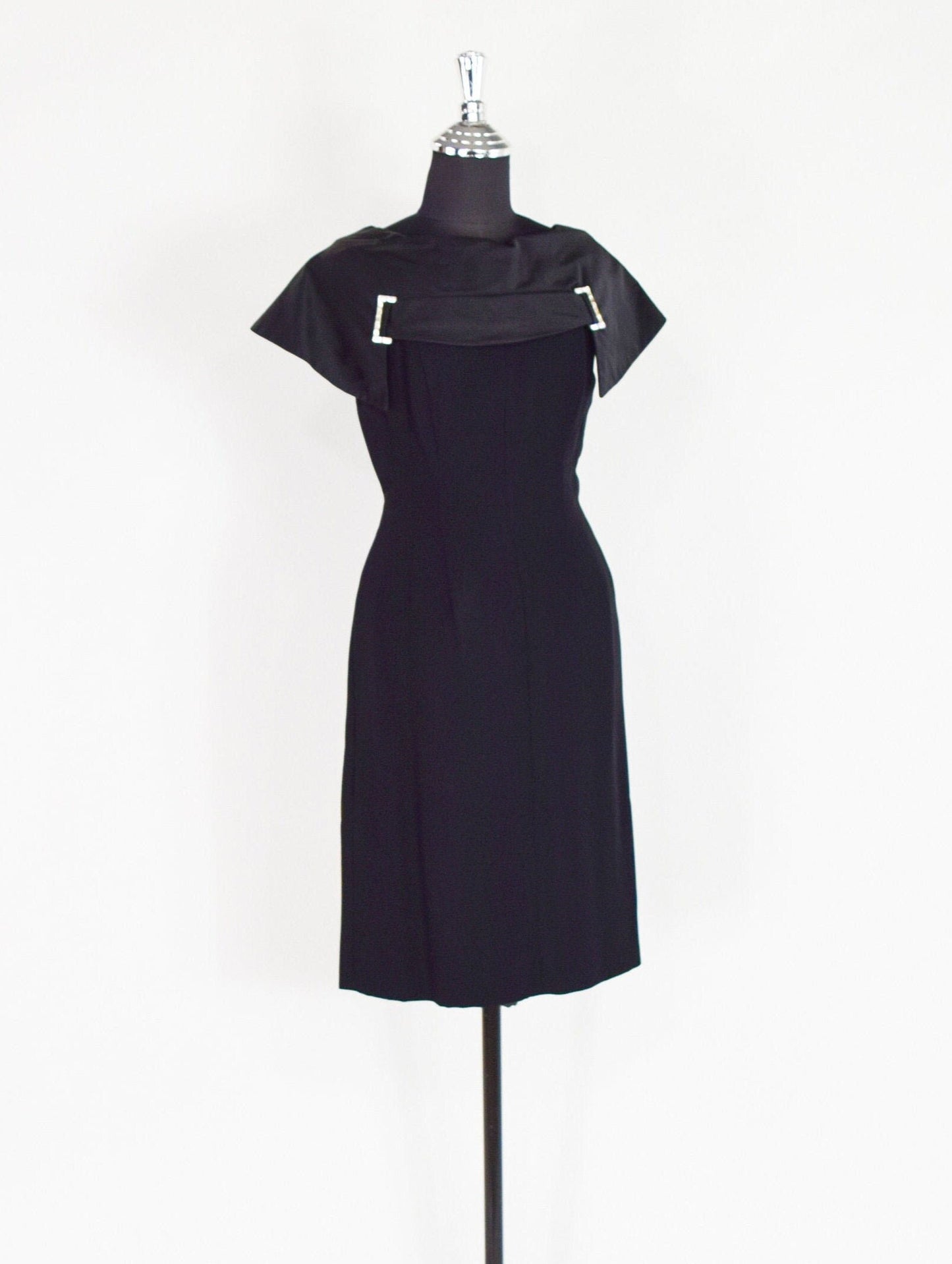 1950s Black Wool Crepe Sheath with Satin Collar, Small