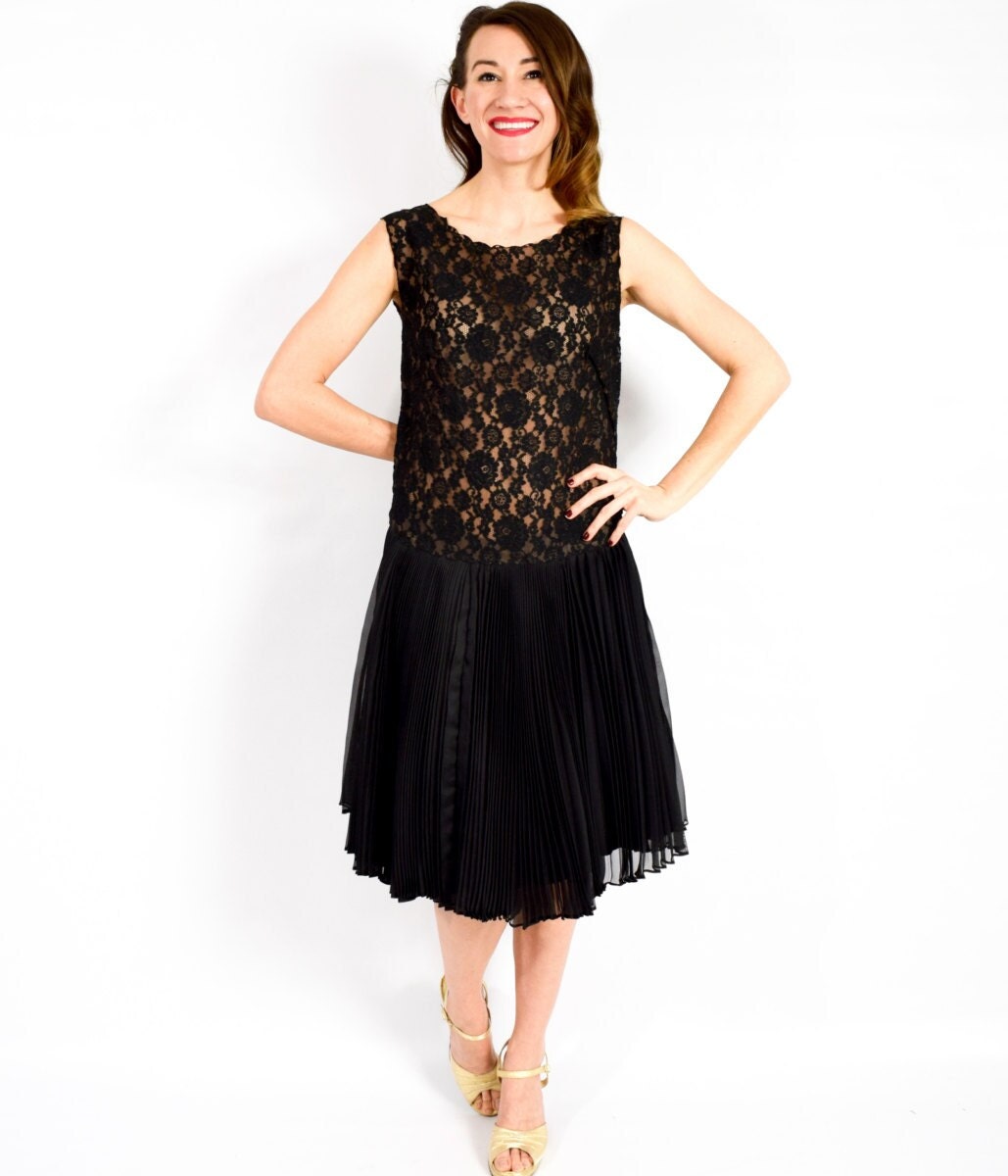 1950s Black Lace Party Dress | 50s Black Sleeveless Drop Waist Cocktail Dress | Blouse de Jour by Saab | Small