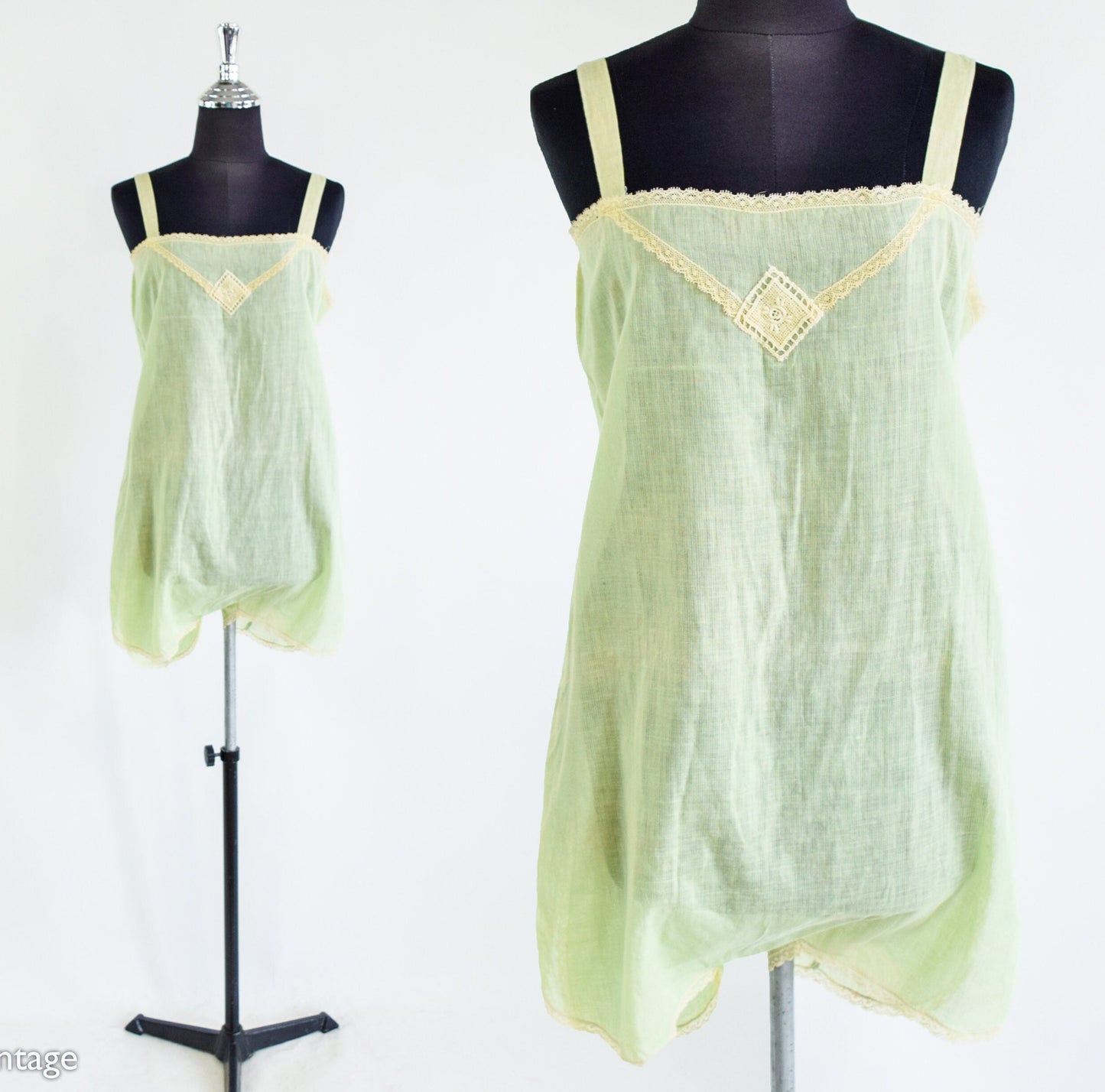 1920s Mint Green Cotton Romper Lingerie, Medium