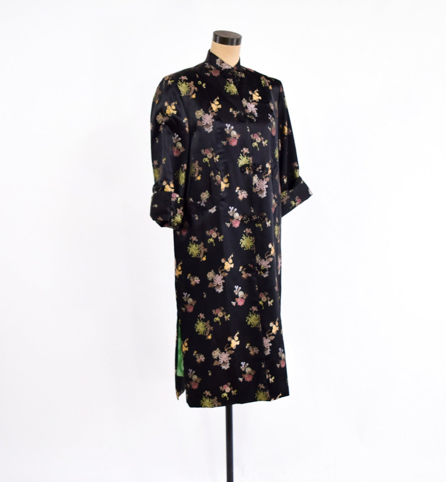 1950s Black Silk Asian Coat | 50s Black Floral Asian Coat | Peony | Medium
