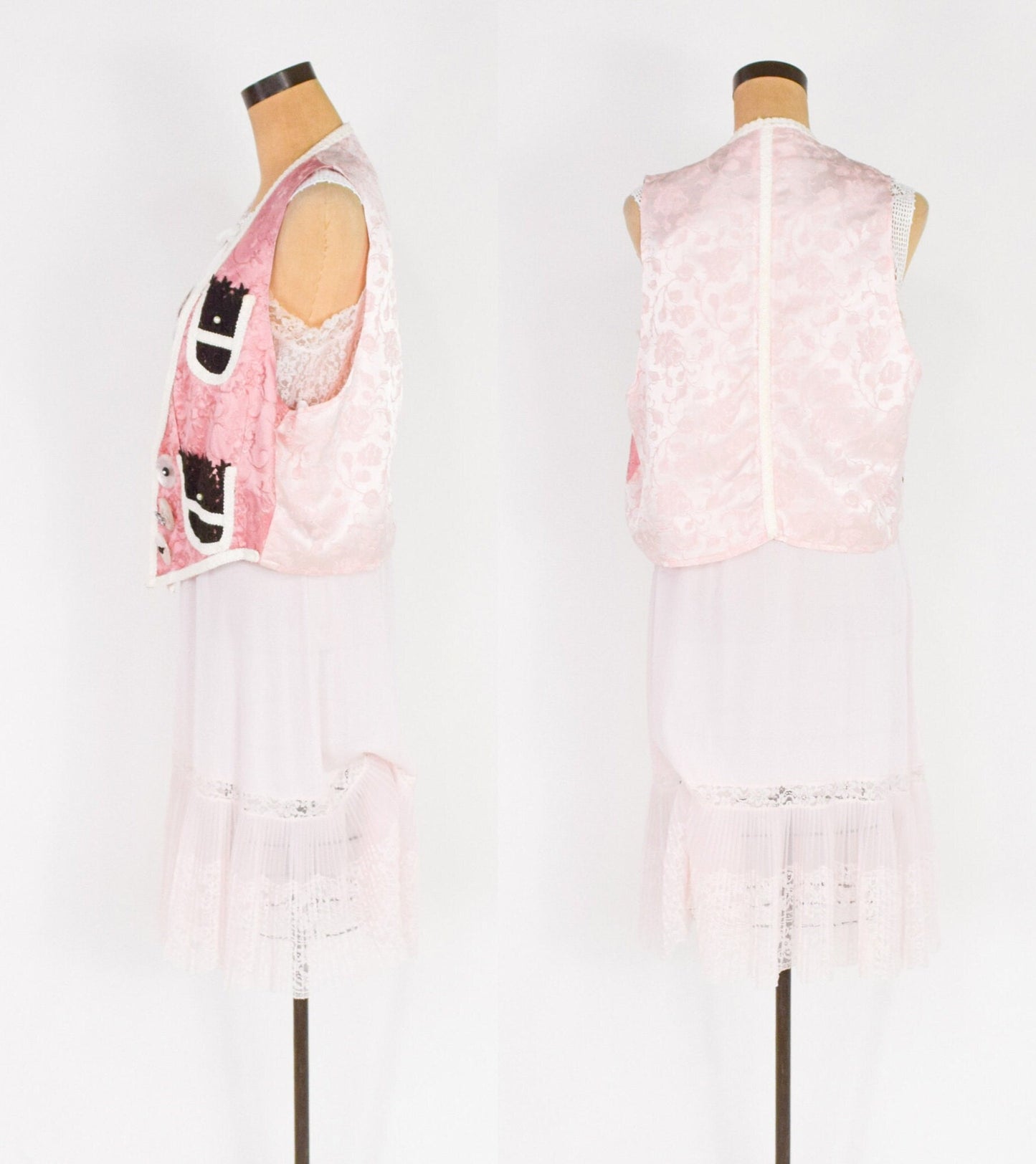 1990s White Crochet Top Dress and 1990s Pink Vintage Fabric Vest