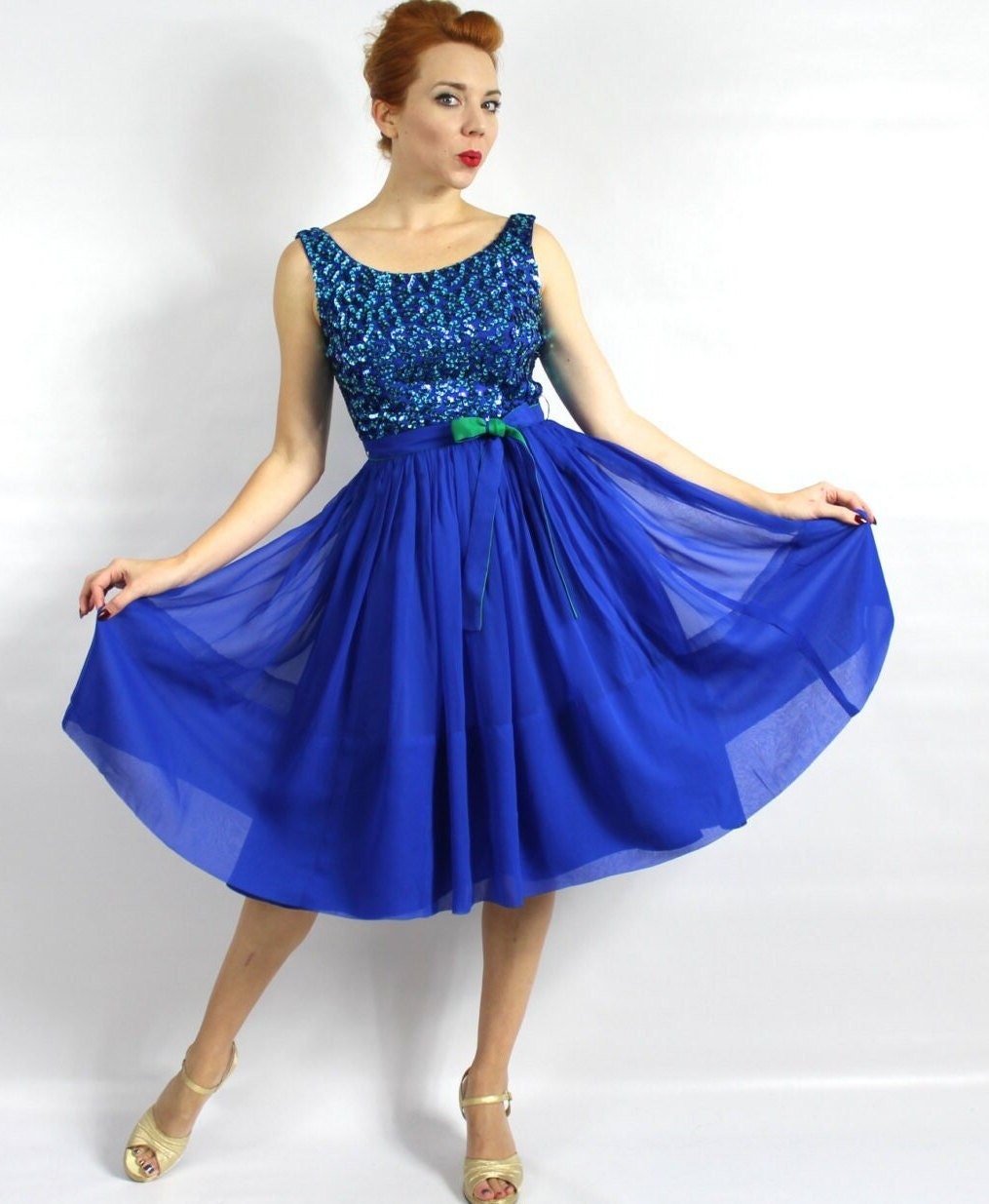 1950s Royal Blue Chiffon Party Dress with Sequin Bodice, Small