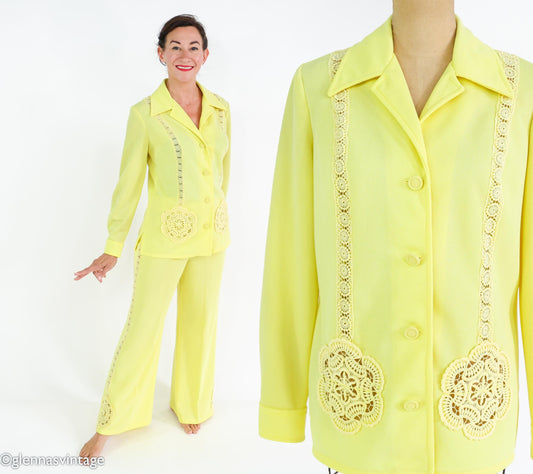 1960s Yellow Polyester Top & Pants Set, Large