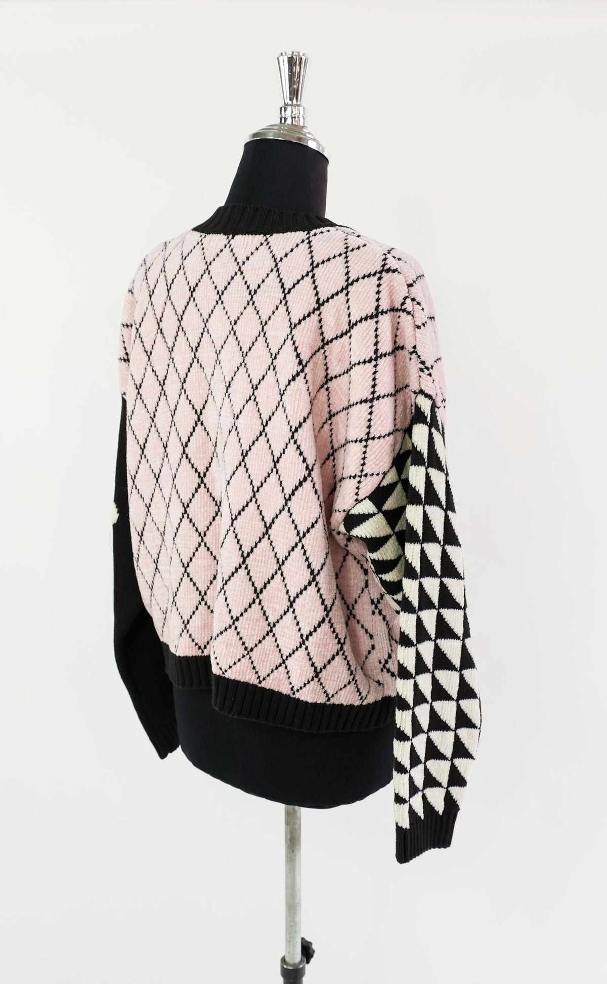 1980s Pink Black Geometric Chenille Cardigan, Large