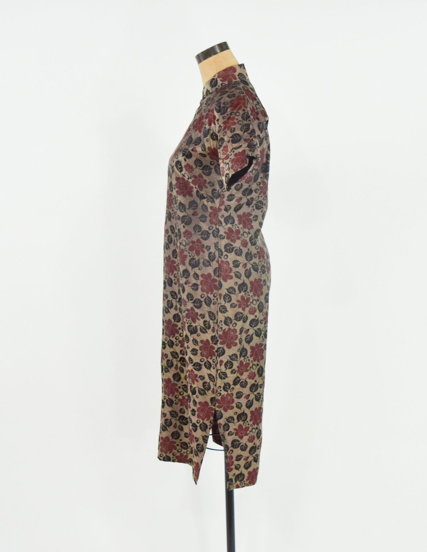 1950s Bronze & Burgundy Brocade Lamé Cheongsam Dress, Medium