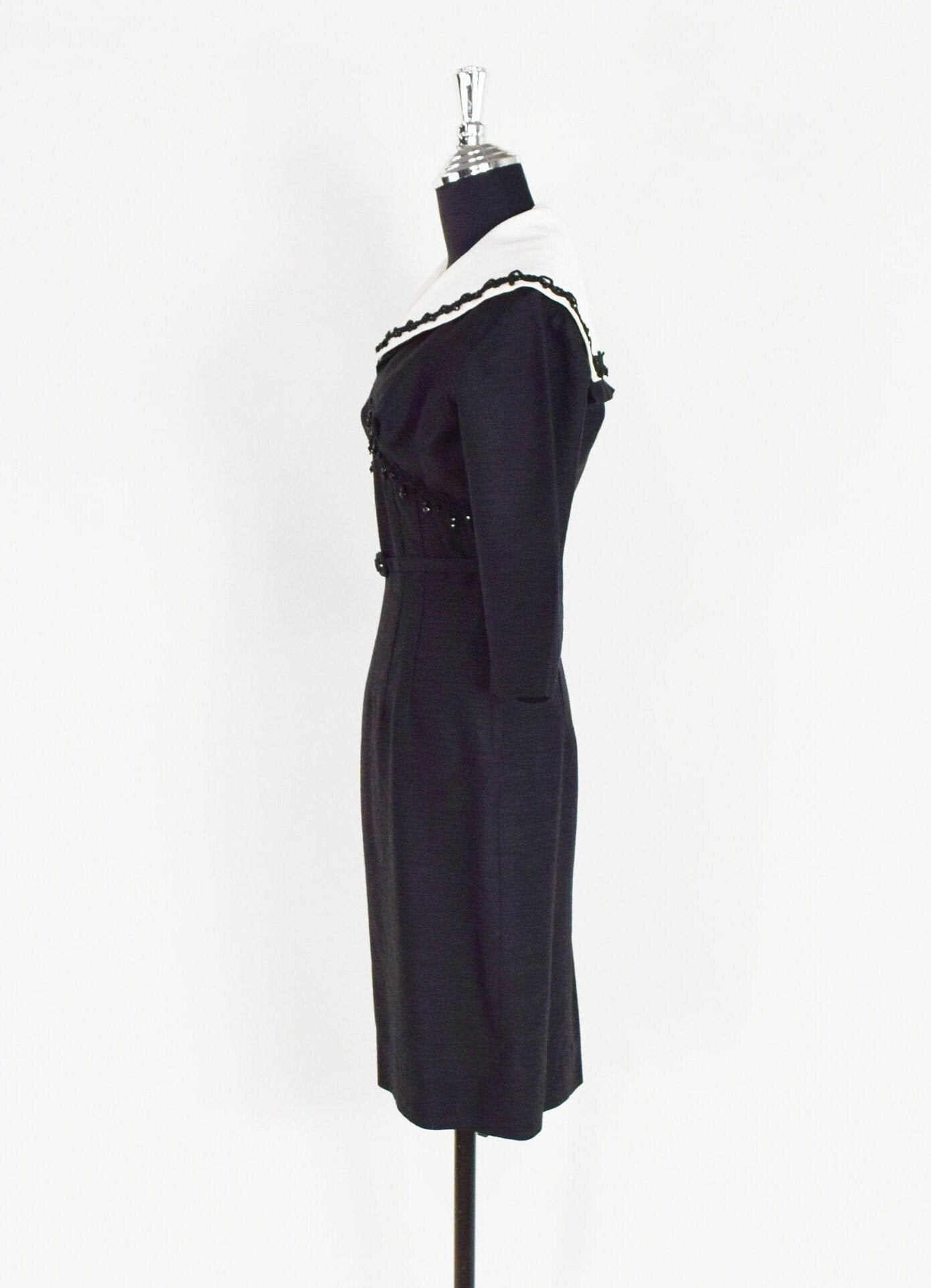 1940s Charcoal Gray Wool Dress with Collar | 40s Black Secretary Dress | White Removable Collar | Day to Night Dress | Chumley | Medium