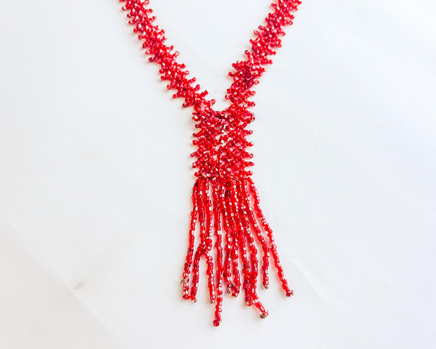 1920 Red Beaded Necklace |  Beaded Flat Woven Necklace