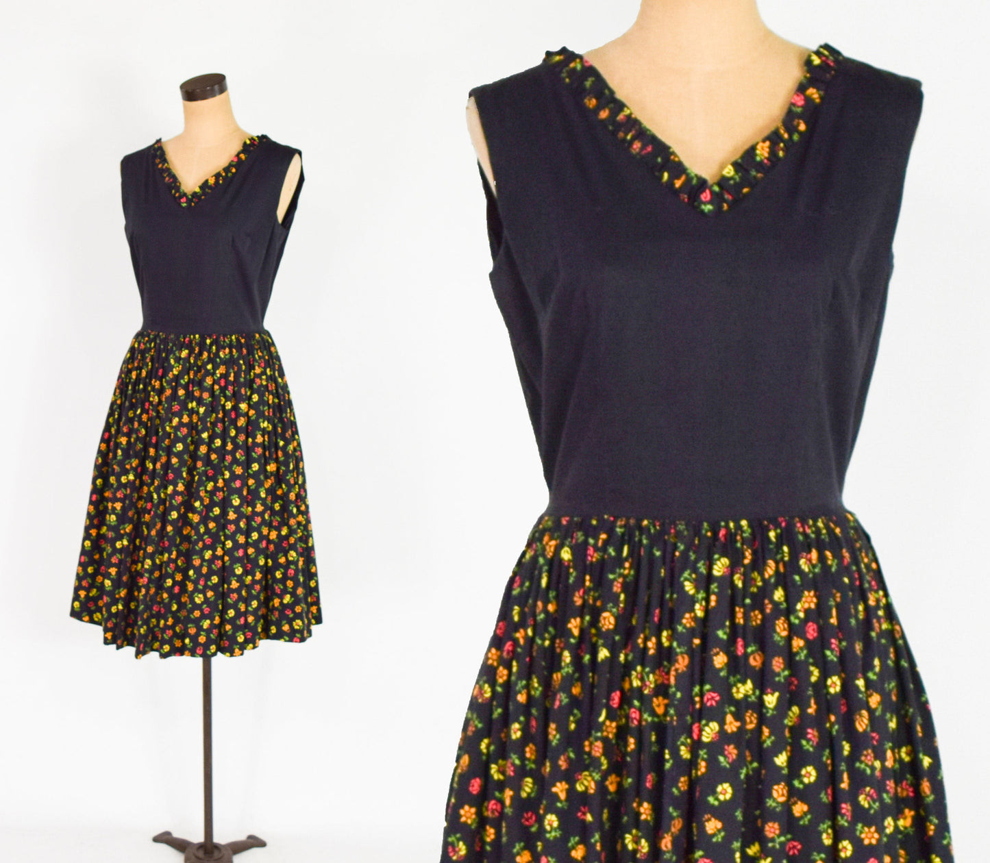 1950s Black Cotton Sleeveless Dress | 50s Black Floral Print Cotton Dress | Rockabilly | Medium