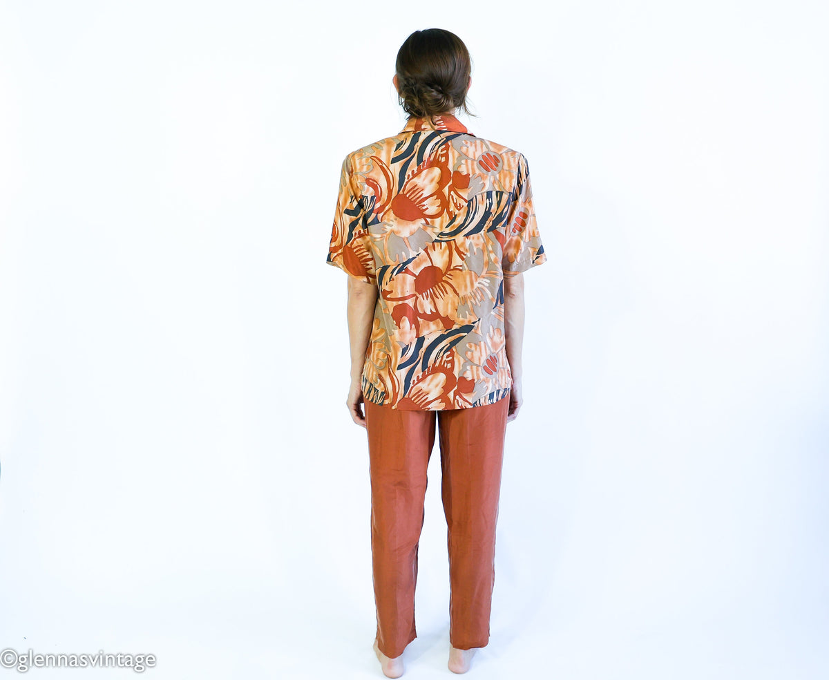 1980s Brown Tropical Print Silk Top Pant Set, Medium