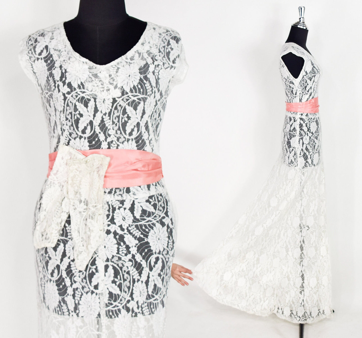 1930s White Lace Gown & Gloves, Garden Party Dress, Extra Small