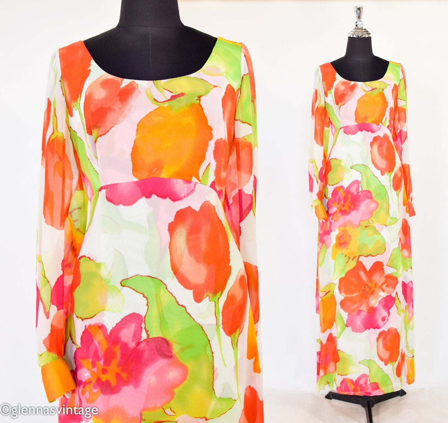 1980s Orange Floral Evening Gown, Medium