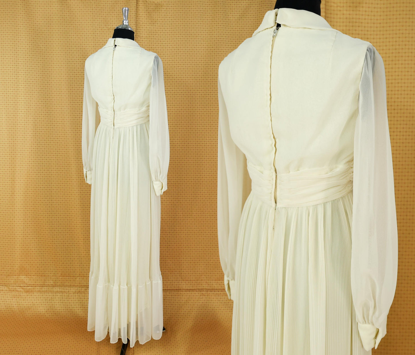 1970s Ivory Chiffon Wedding Dress, Romantic Pleated Maxi Gown, Small