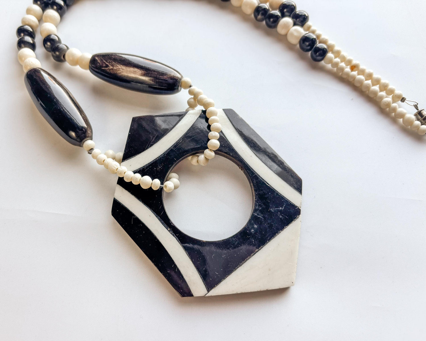 1970s Op Art Necklace | Black & White Wood Bead Plastic Pendant