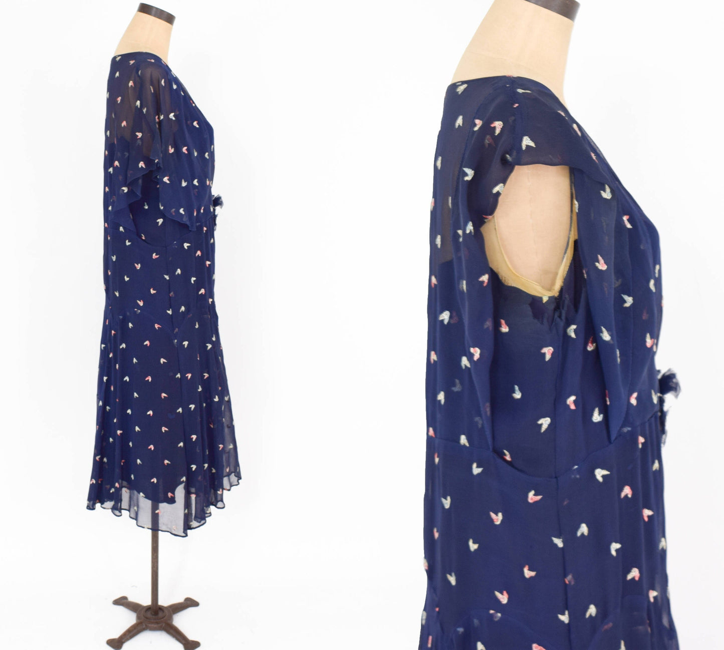 1920s Navy Chiffon Dress with Embroidered Flutter Sleeve, Medium