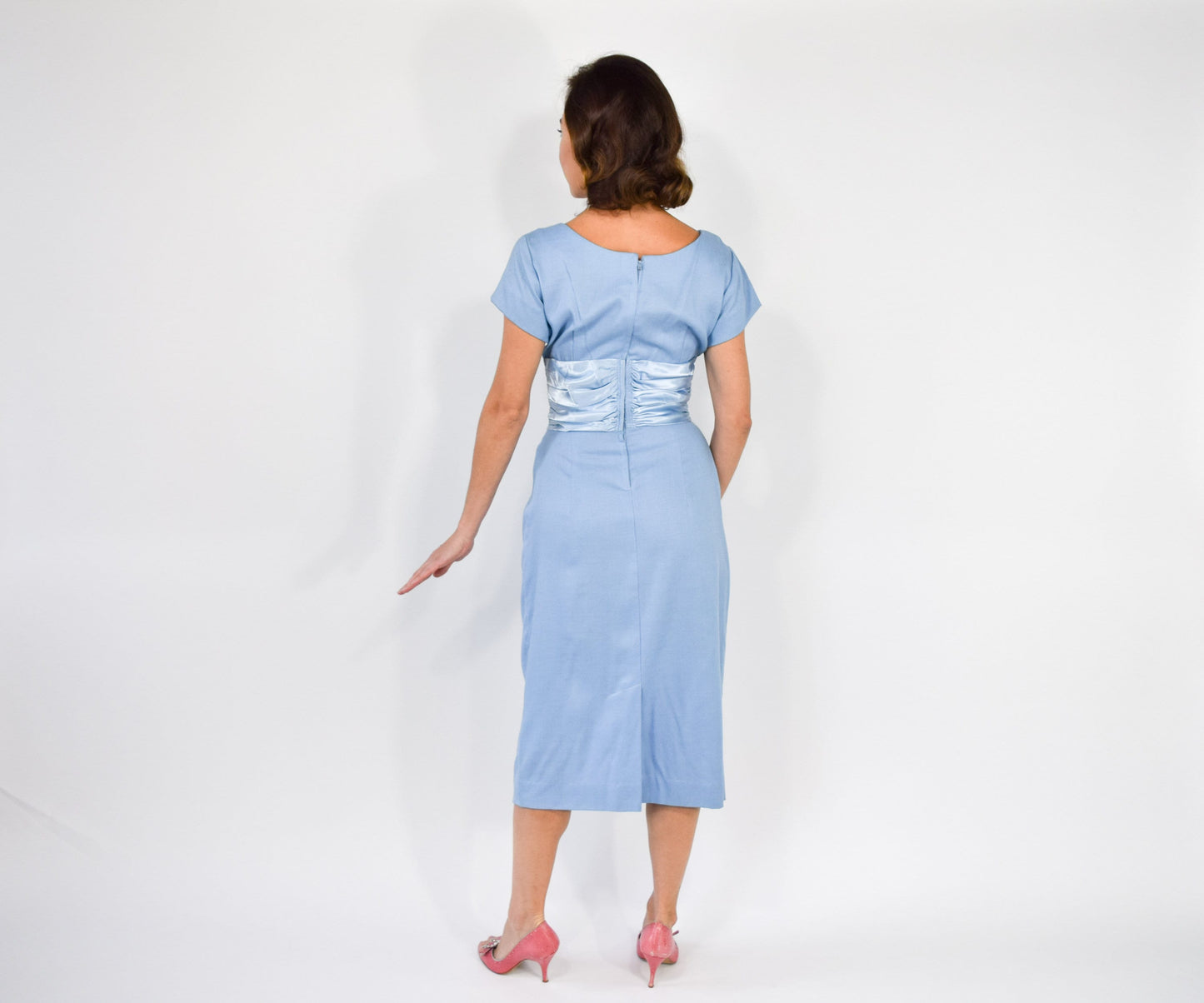 1950s Blue Cotton Sheath Dress with Satin Waist, Small