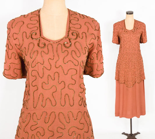 1940s Copper Beaded Evening Dress | 40s Orange Beaded Evening Gown | Old Hollywood | Large