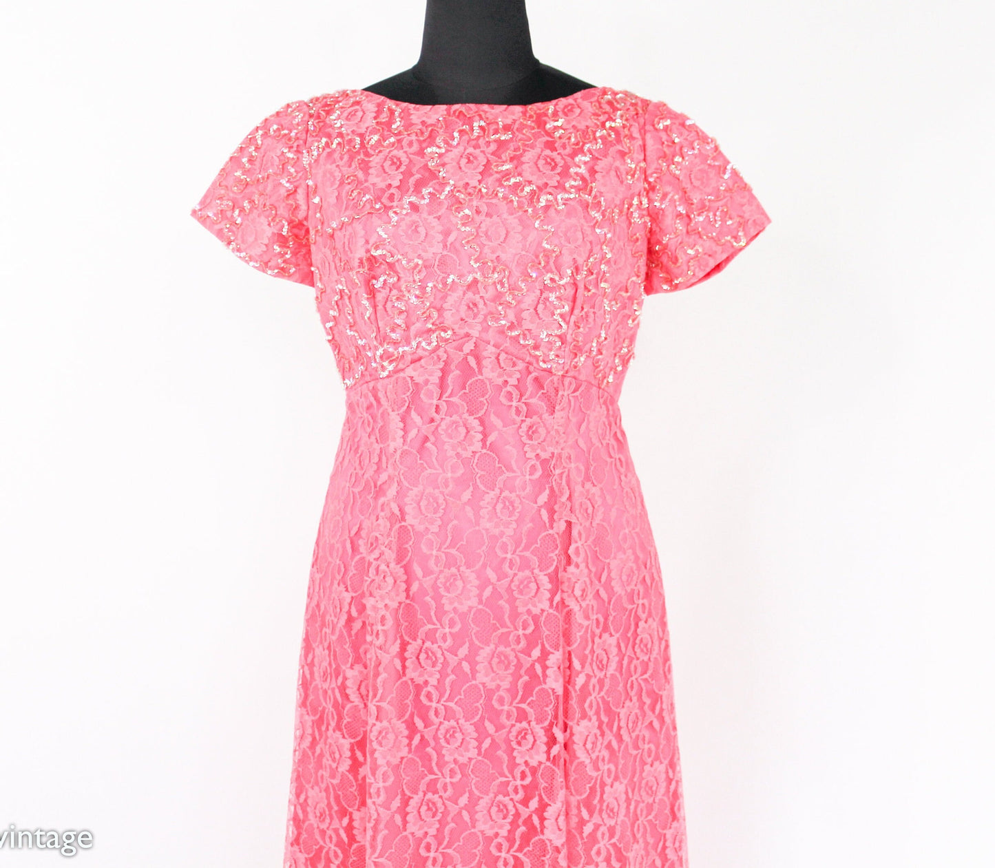 1950s Pink Lace & Sequin Formal Evening Dress, Medium