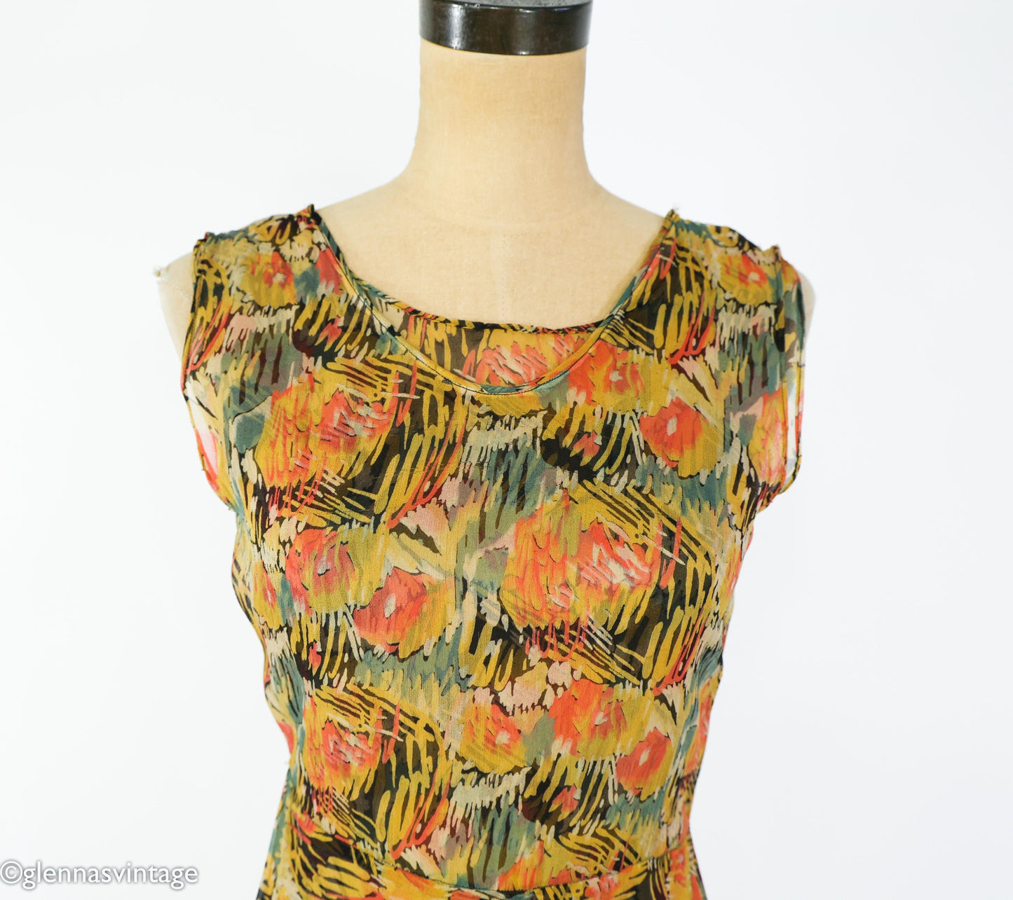 1930s Floral Print Silk Chiffon Dress with Asymmetrical Hem, Extra Small
