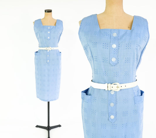 1950s Blue Print Cotton Day Dress, Large