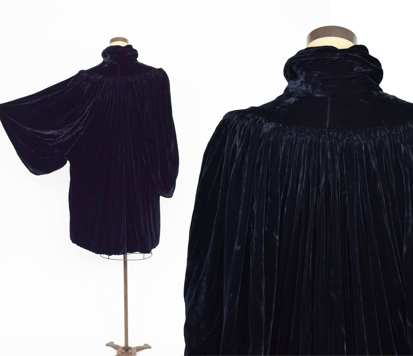 1930s Black Silk Velvet Evening Coat with Black Draped Sleeves Cape, Medium