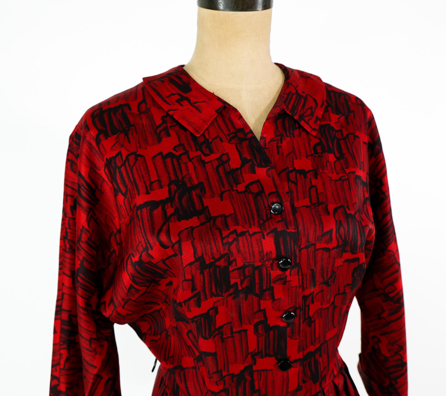 1950s Plus Size Red Print Shirtwaist Dress, 34" Waist