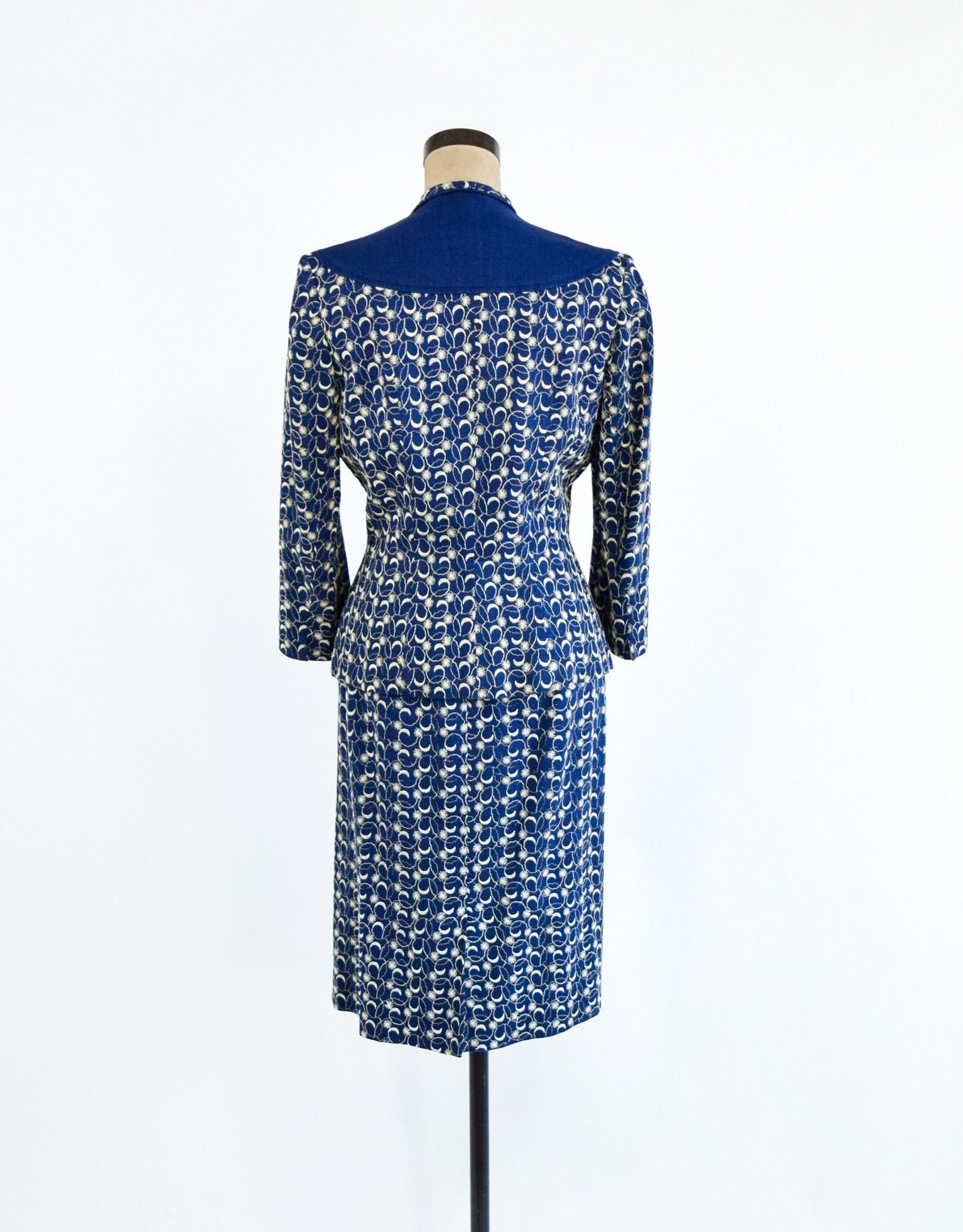 1940s Navy Blue Linen Skirt Suit Set, Medium