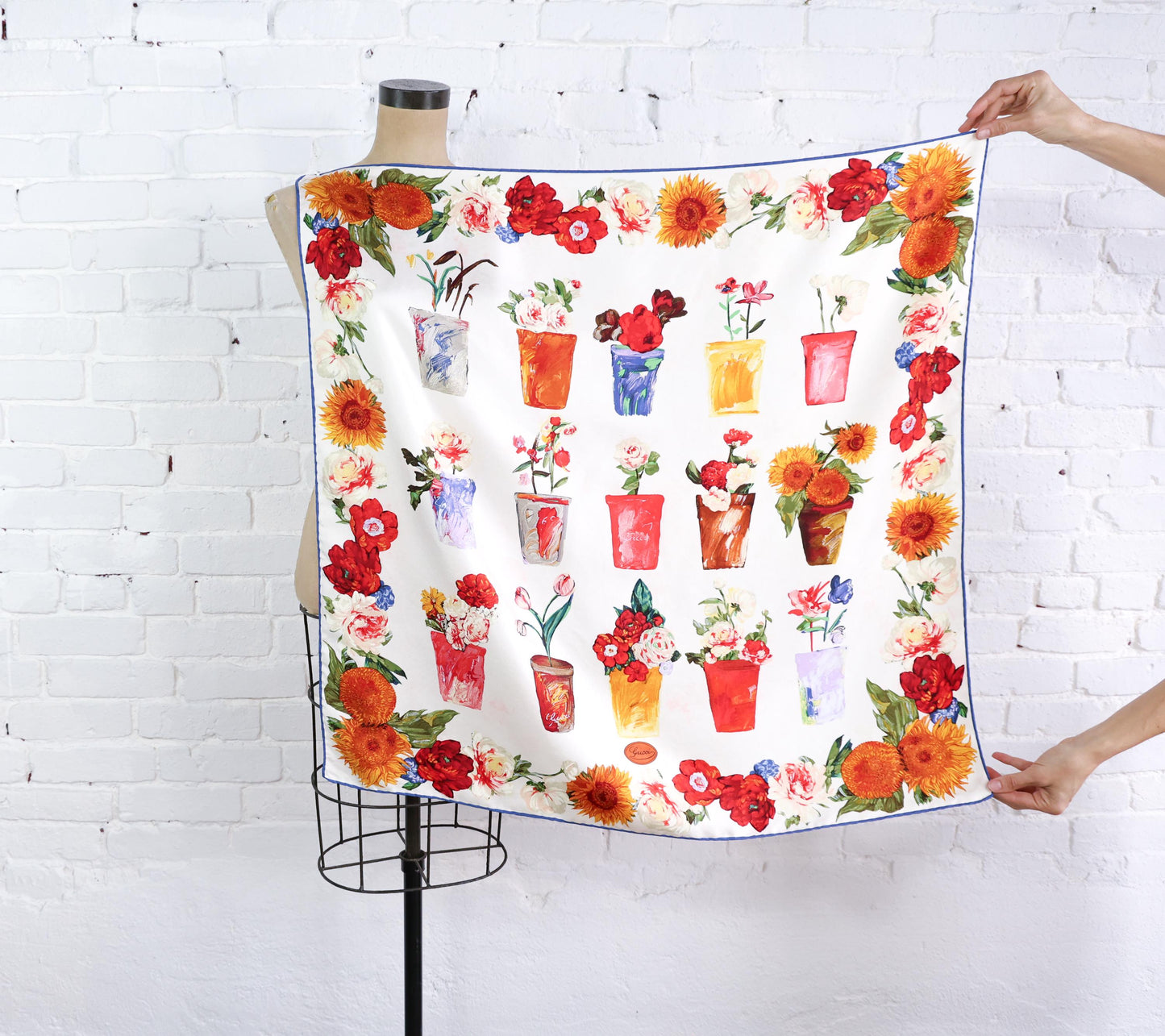 1980s Gucci Floral Flower Vases Print Silk Scarf