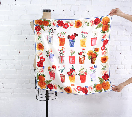 1980s Gucci Floral Flower Vases Print Silk Scarf