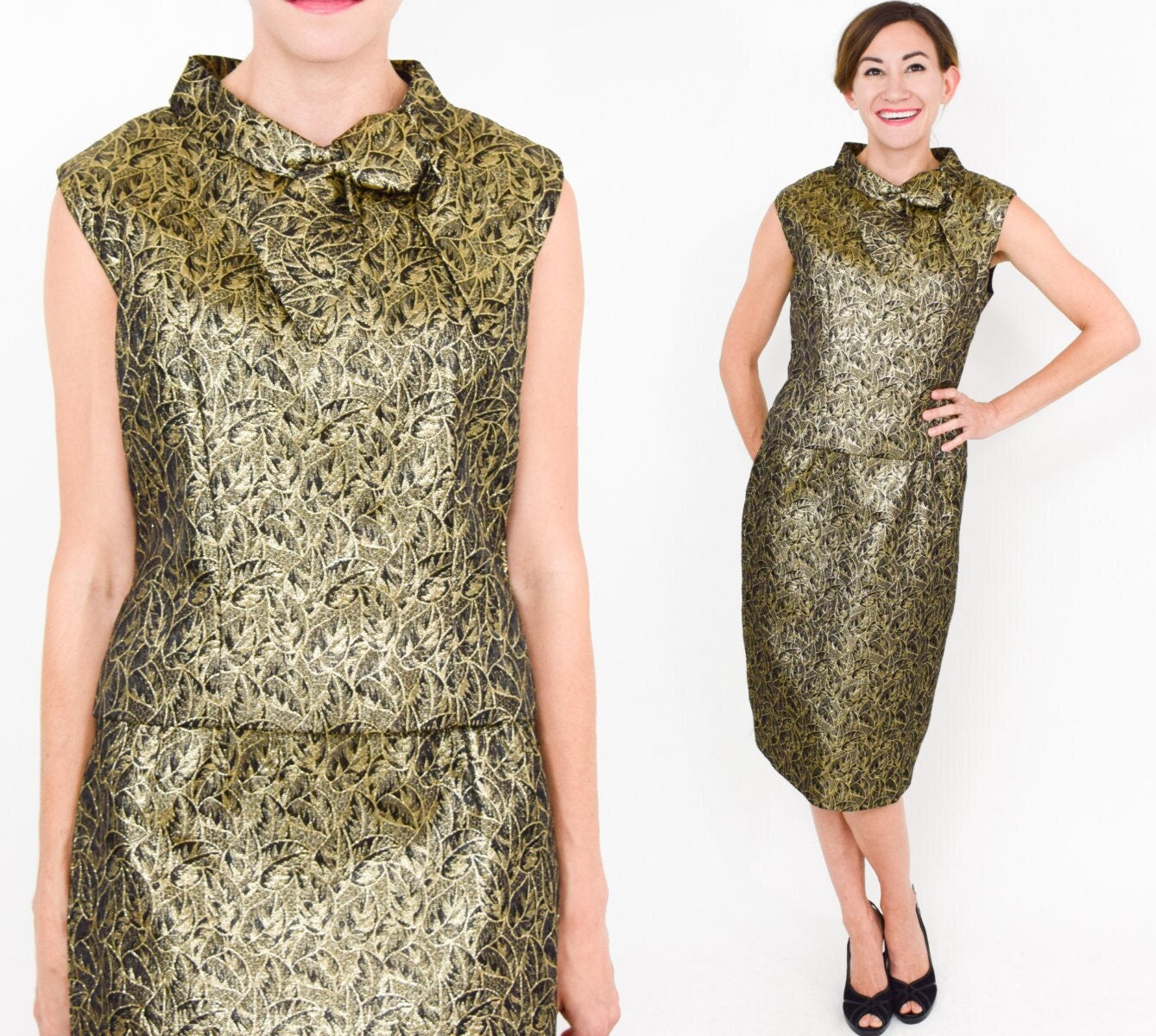 1950s Gold Brocade Dress & Top Set, Metallic Party Ensemble, Medium